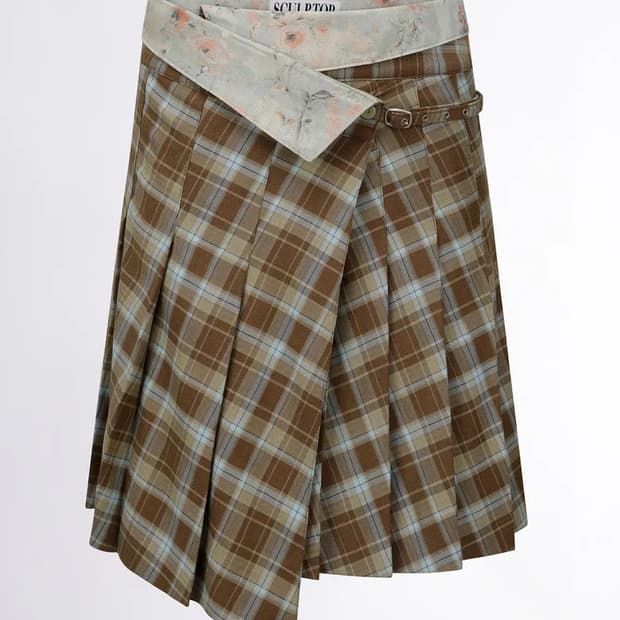Folded Waist Plaid Skirt Blue Check
