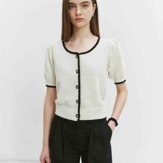 던스트 스쿱넥 퍼프 슬리브 가디건 아이, 블랙 m