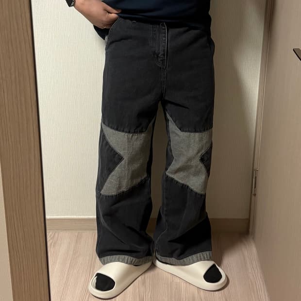 정품 꼼파뇨 스타 와이드 흑청 데님팬츠 블랙 청바지 30인치