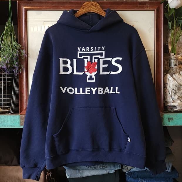 90s 러셀 후드 스웻셔츠 블루스 오리지널 빈티지 레터링 네이비