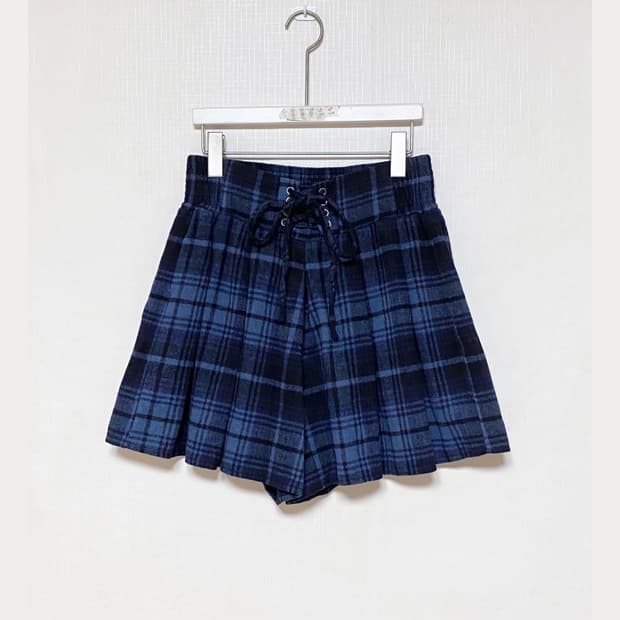Blue Checked Lace-Up Shorts