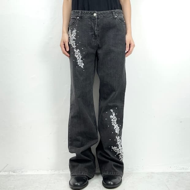 Floral Embroidered Beaded Black Flared D