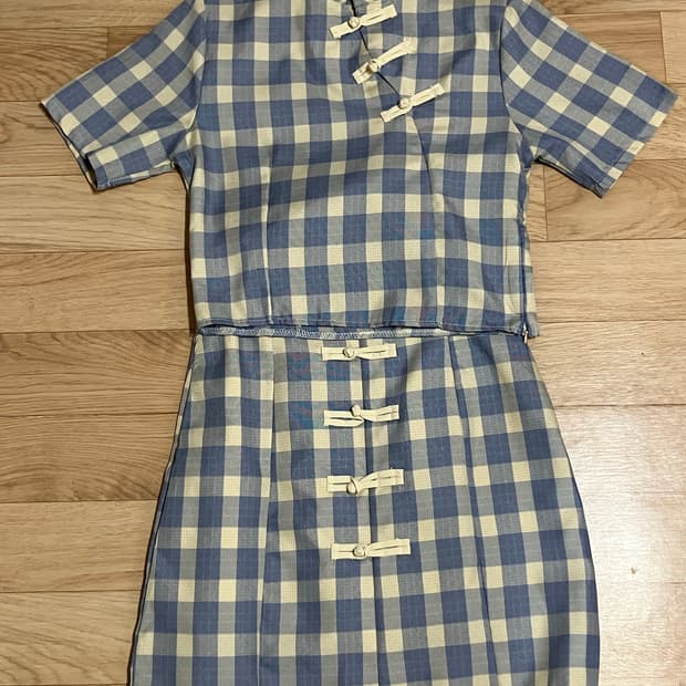 체크 차이나 카라 투피스 셋업