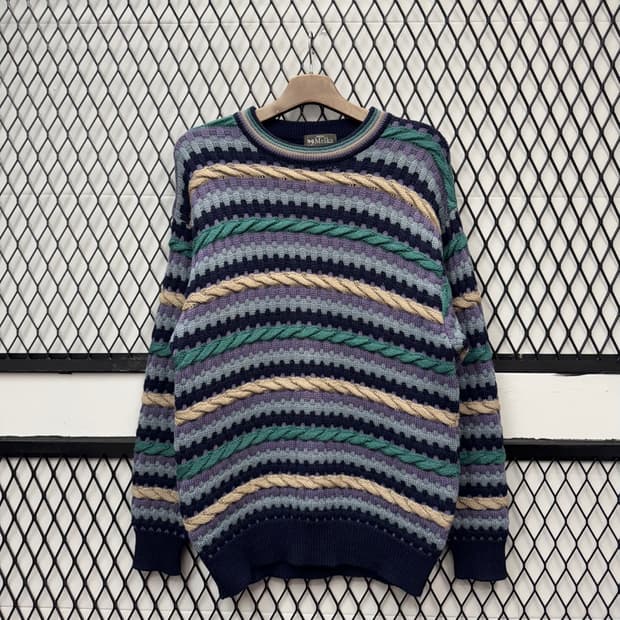JPN VTG 스트라이프 패턴 울 니트 스웨터 케이블 디테일 멀티컬러
