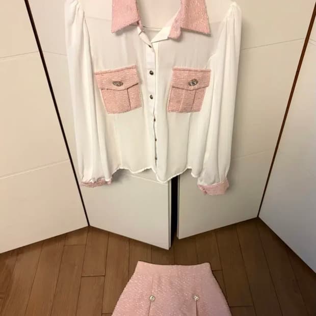 [새상품] 트위드 핑크 블라우스 스커트 세트