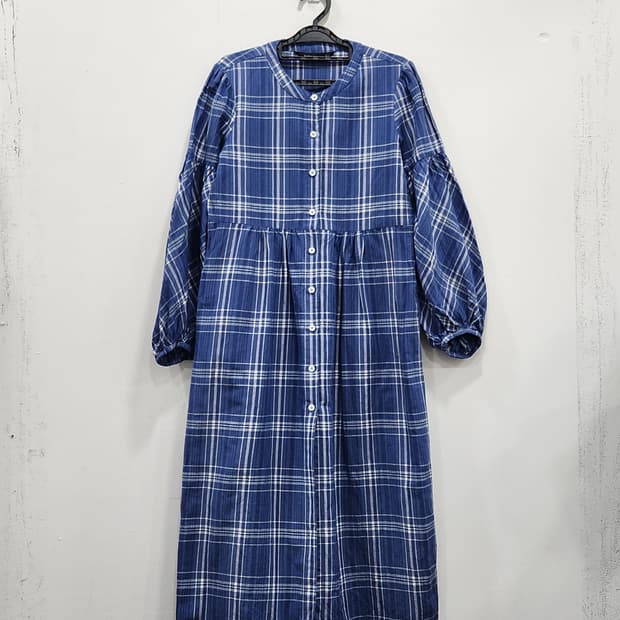 [S] 자라 린넨 블루 체크 롱원피스 벌룬 소매