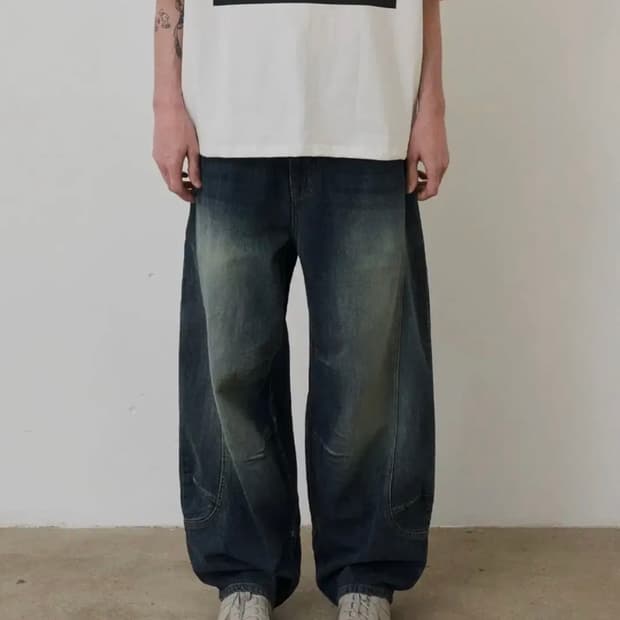 노운 커브드 데님 팬츠 딥블루