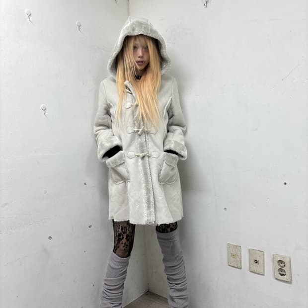 White&Grey Fur Over-Size Hoodie Coat