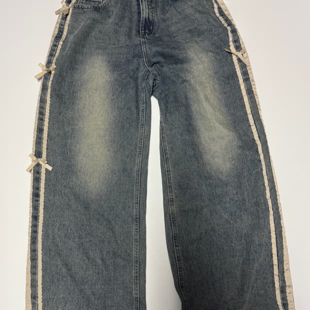 여성 Dazy 빈티지 녹 워싱 리본 묶음 트랙 와이드 데님팬츠 L