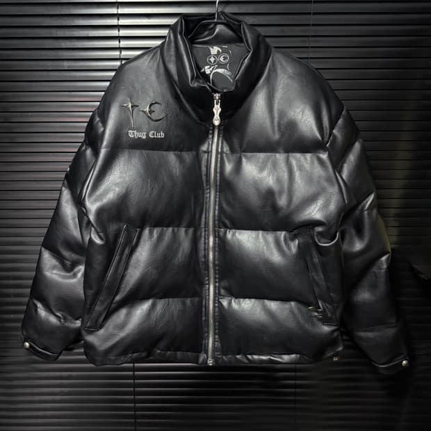 떠그클럽 가죽 레더 퍼퍼 자켓 크롭 패딩 블랙 2 사이즈 100 펑크