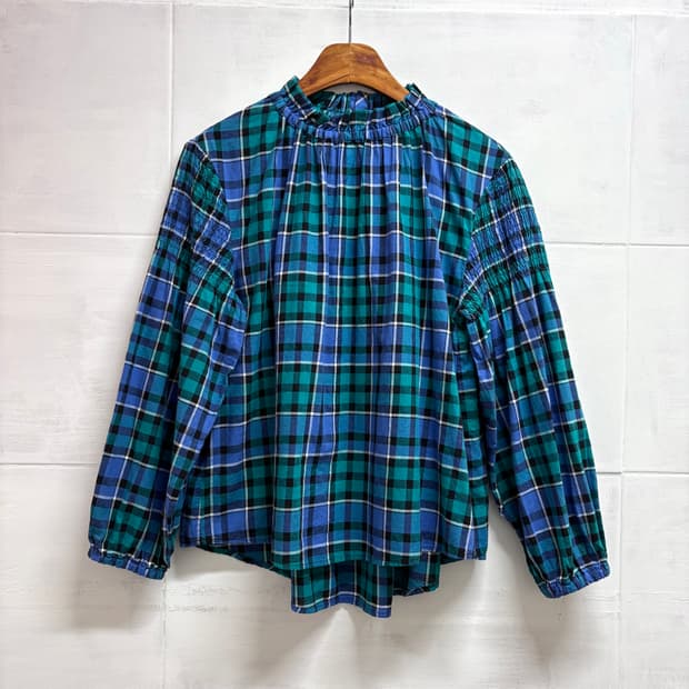 ADESSO L'ORA 블루 언발 체크 모리걸 블라우스 JPN