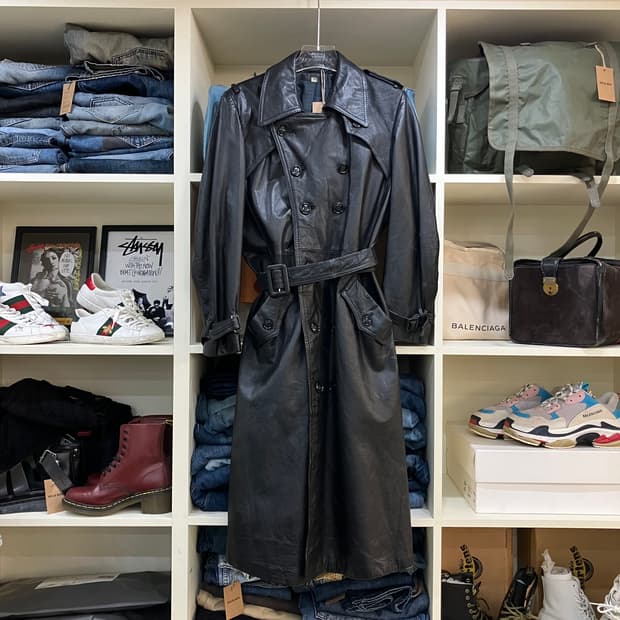 VTG 빈티지 블랙 레더 트렌치 코트 L