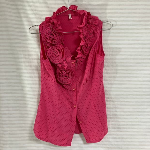 빈티지 핫핑크 땡땡이 로즈 블라우스 1062 모리걸 y2k 스트릿 갸루 