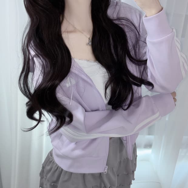 아디다스 퍼플 연보라 아방핏 삼선 반크롭 후드집업 s