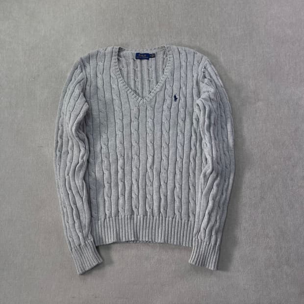 W 95 폴로랄프로렌 꽈배기 브이넥 그레이 니트