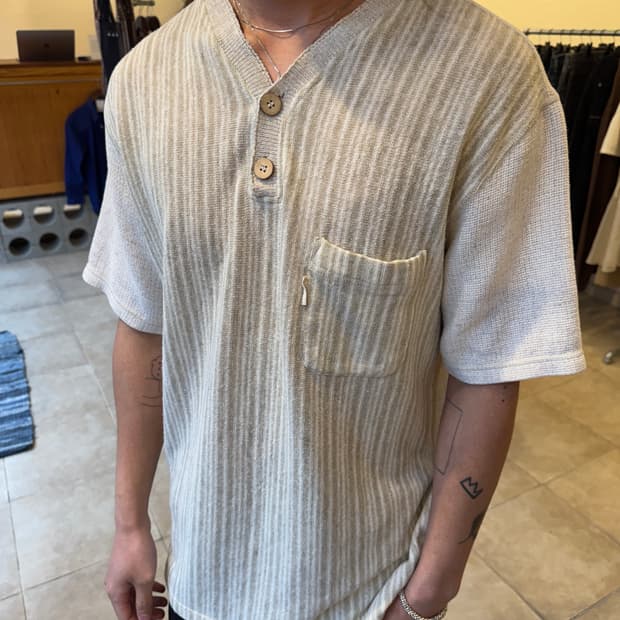 Beige Striped Henley Neck Shirt