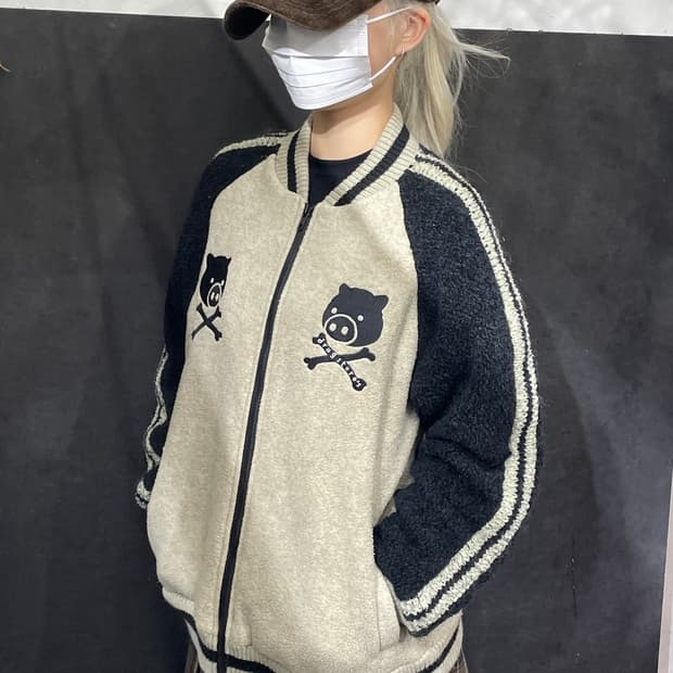 일본빈티지 드럭스스토어 스컬 코위찬 니트 집업 자켓 L