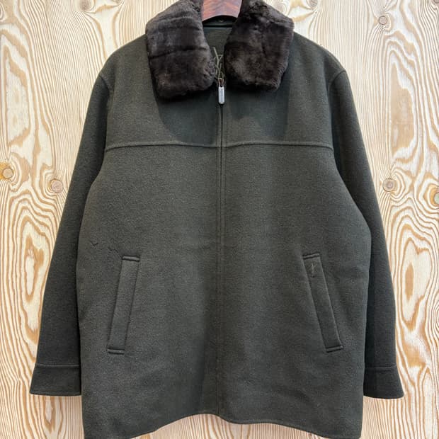 입생로랑 자수 로고 퍼 카라 모직 블루종 자켓