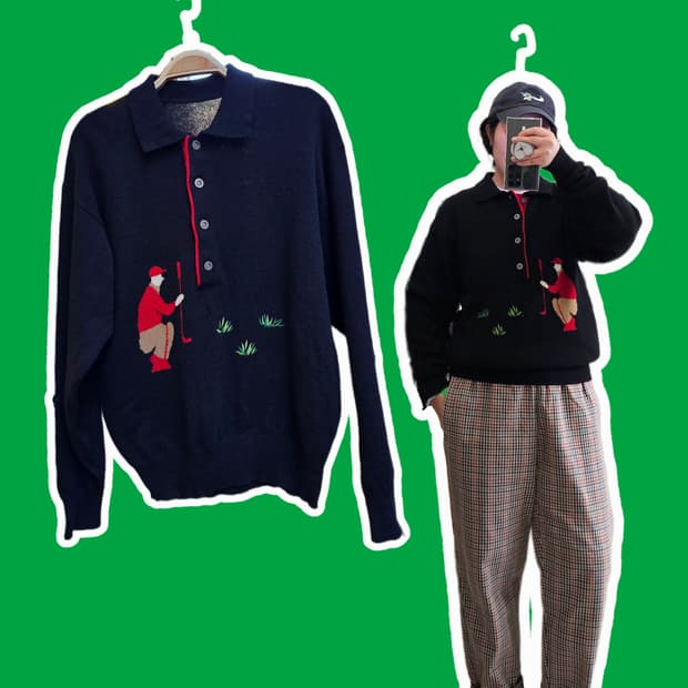 Seve Ballesteros 블랙 골프 자수 니트