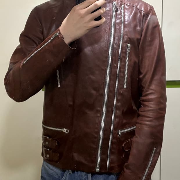 (L) 타케오 키쿠치 레드 브라운 레더 자켓