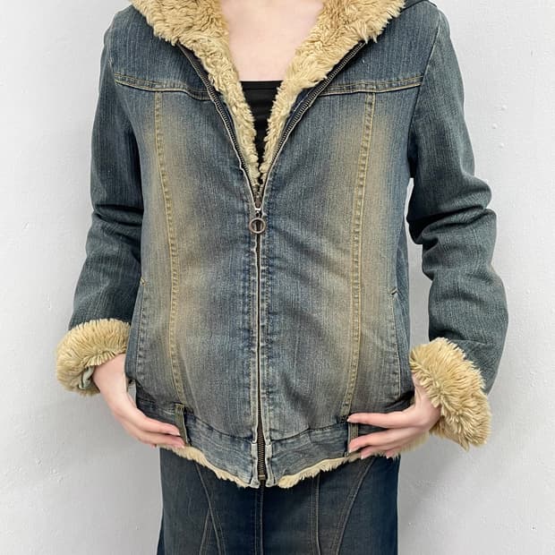 워싱 퍼 후드 데님 자켓 