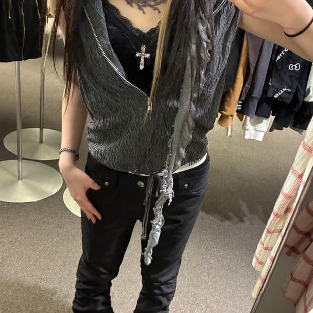 Japanese vintage 여성 그레이 프릴 머플러