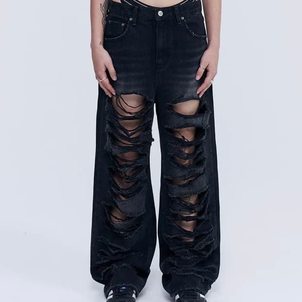 [새상품] 락케이크 피아 데미지 와이드 진 블랙 XS