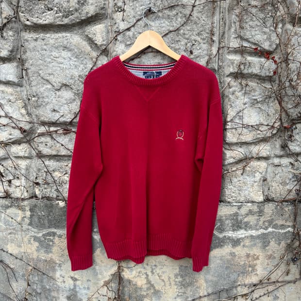 타미힐피거 빈티지 헤비 코튼 자수 로고 니트 레드 m