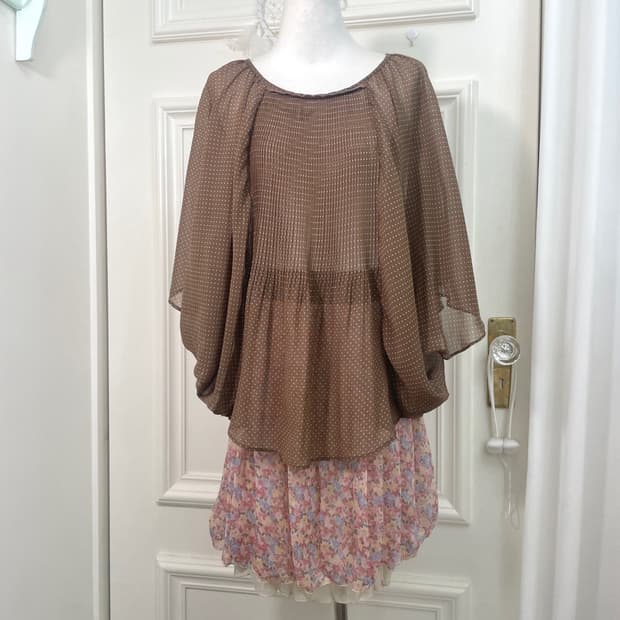 brown dot lace trim cape blouse