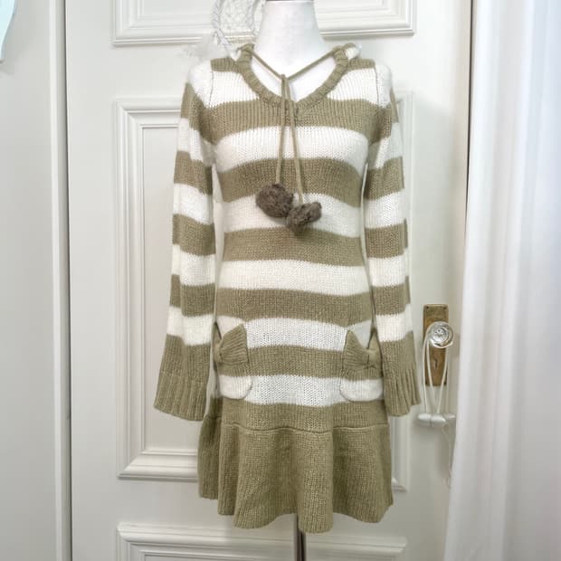 khaki ivory pompom hoodie bow opc