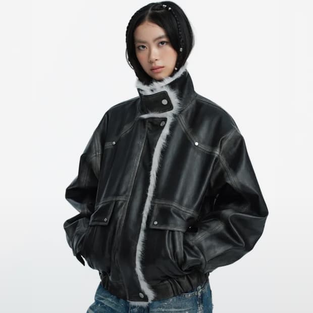 러프넥 무스탕 그레이/ 블랙