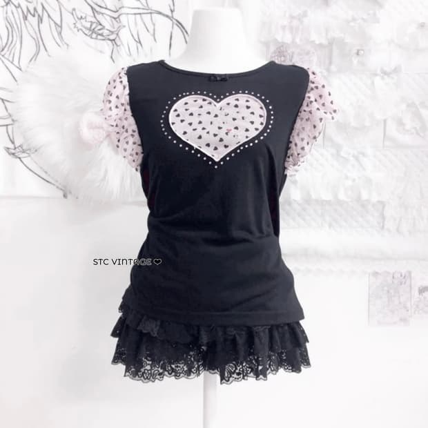 히메갸루 블랙핑크 하트 반팔 티셔츠