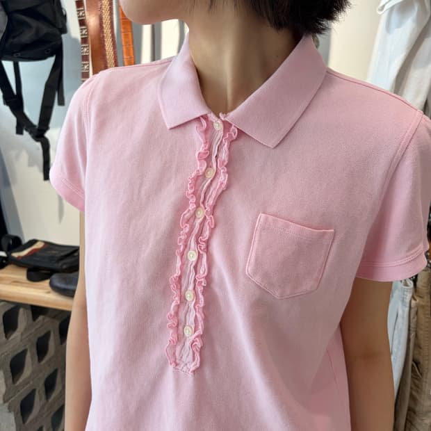 POLO JEANS 핑크 러플 반팔 카라 티셔츠 L