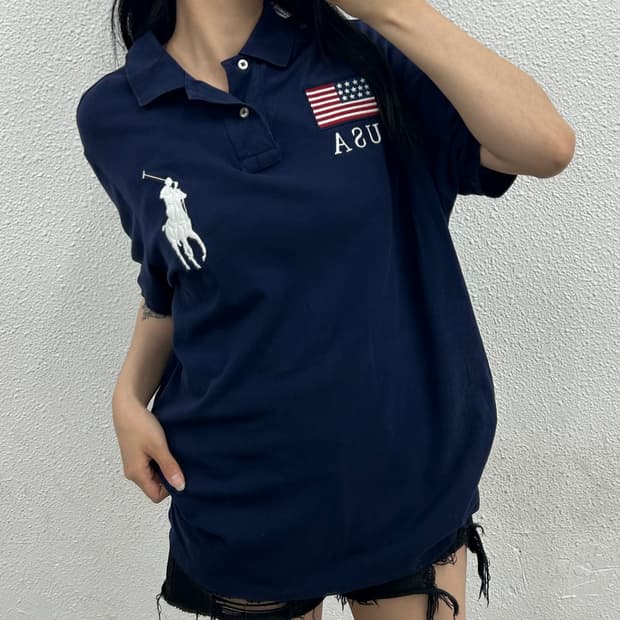 폴로 랄프로렌 USA 화이트 빅포니 네이비 pk반팔 L
