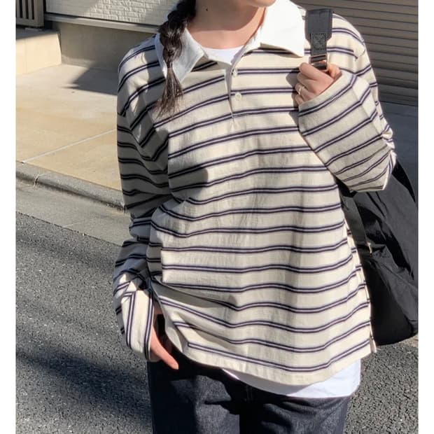 애니원모어 스트라이프 카라 오버핏 티셔츠