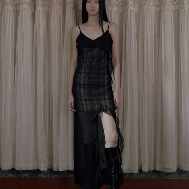 보헤미안서울 시스루 체크 러플 드레스 