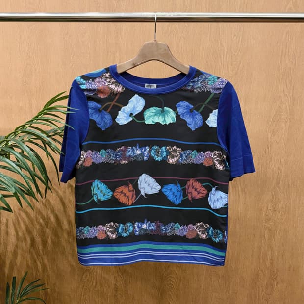 폴스미스 반팔 티셔츠 플라워 스트라이프 패턴 라운드넥 디테일 블루