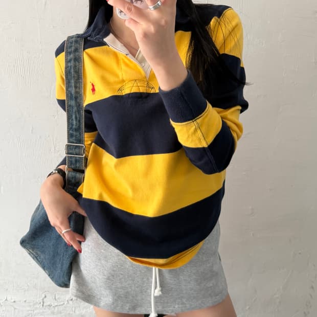 Polo 폴로 랄프로렌 레드포니 옐로우/네이비 단가라 럭비셔츠