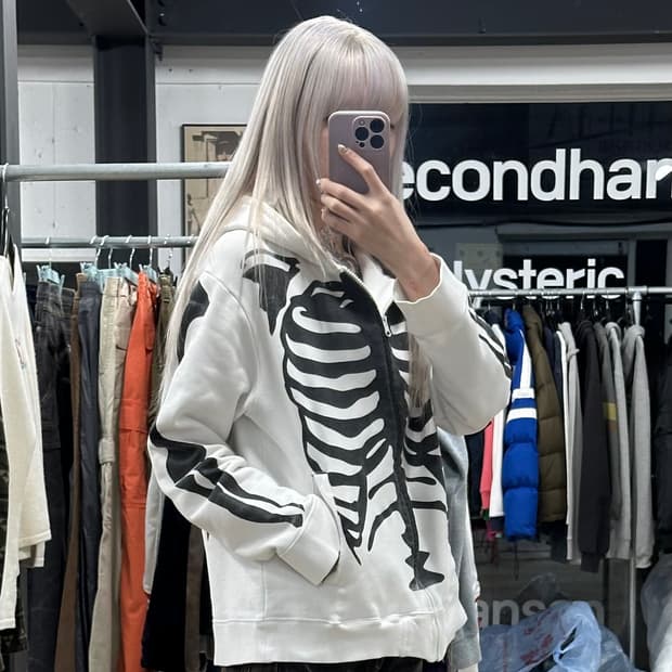  벤슨 레더 본 스켈레톤 화이트 후드 집업