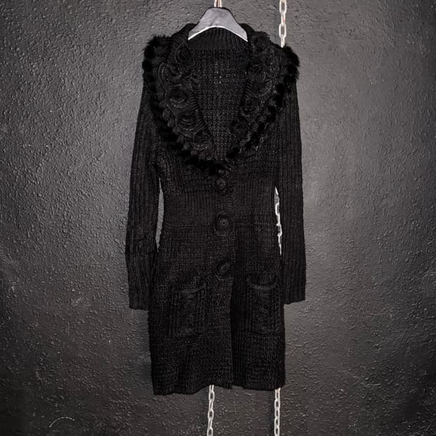 래빗 퍼 트림 프릴 롱가디건