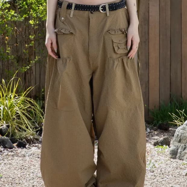 엑스톤즈우먼 사키 프릴 시어서커 와이드 팬츠 브라운 판매