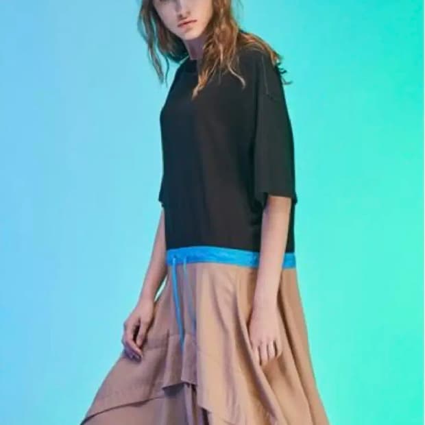 한섬 시스템 배색 스트링 언발란스 믹스드 원피스 S사이즈