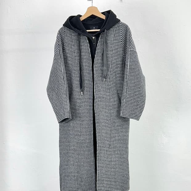 랑방 컬렉션 하운드 투스 체크 롱 로브 후디 코트 자켓