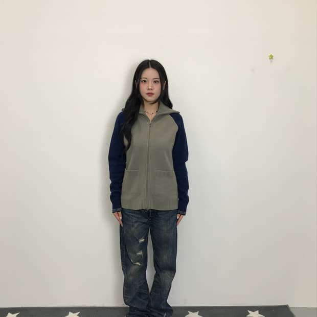 00's Adidas Knit Zip Jacket Beige Navy