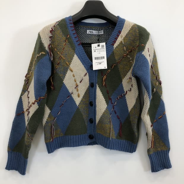 자라 (새상품) 자카드 아가일 울 크롭가디건 M