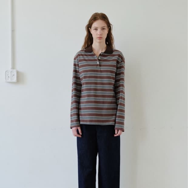 아르토 Striped Collar T-Shirt_Brown