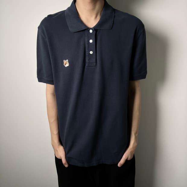 메종키츠네 폭스 헤드 패치 네이비 반팔 폴로 셔츠 XL