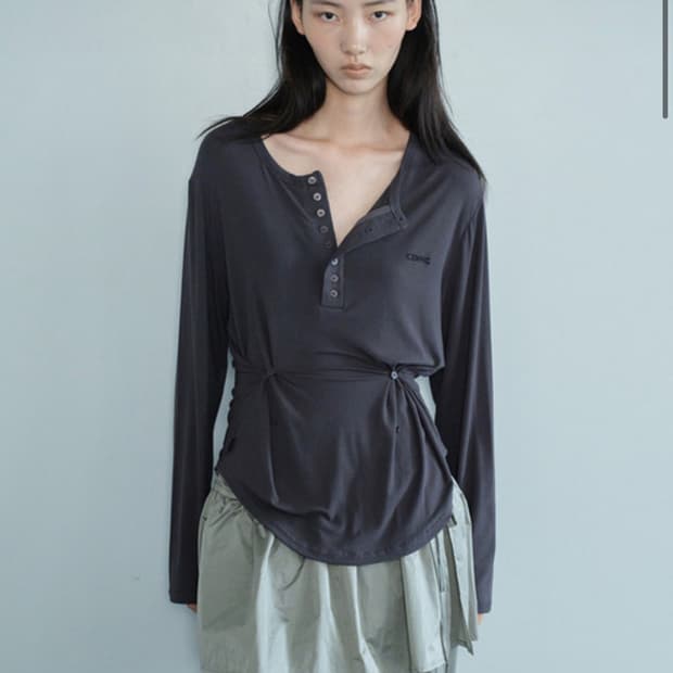 Button Henley Neck Top _ Charcoal