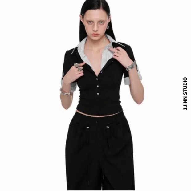 원진스튜디오 1jinn studio 티셔츠 페이크 투피스 카라넥 블랙