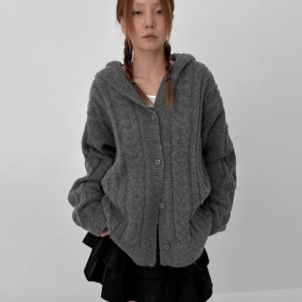 블랙업 리에타 케이블 니트 후드 가디건